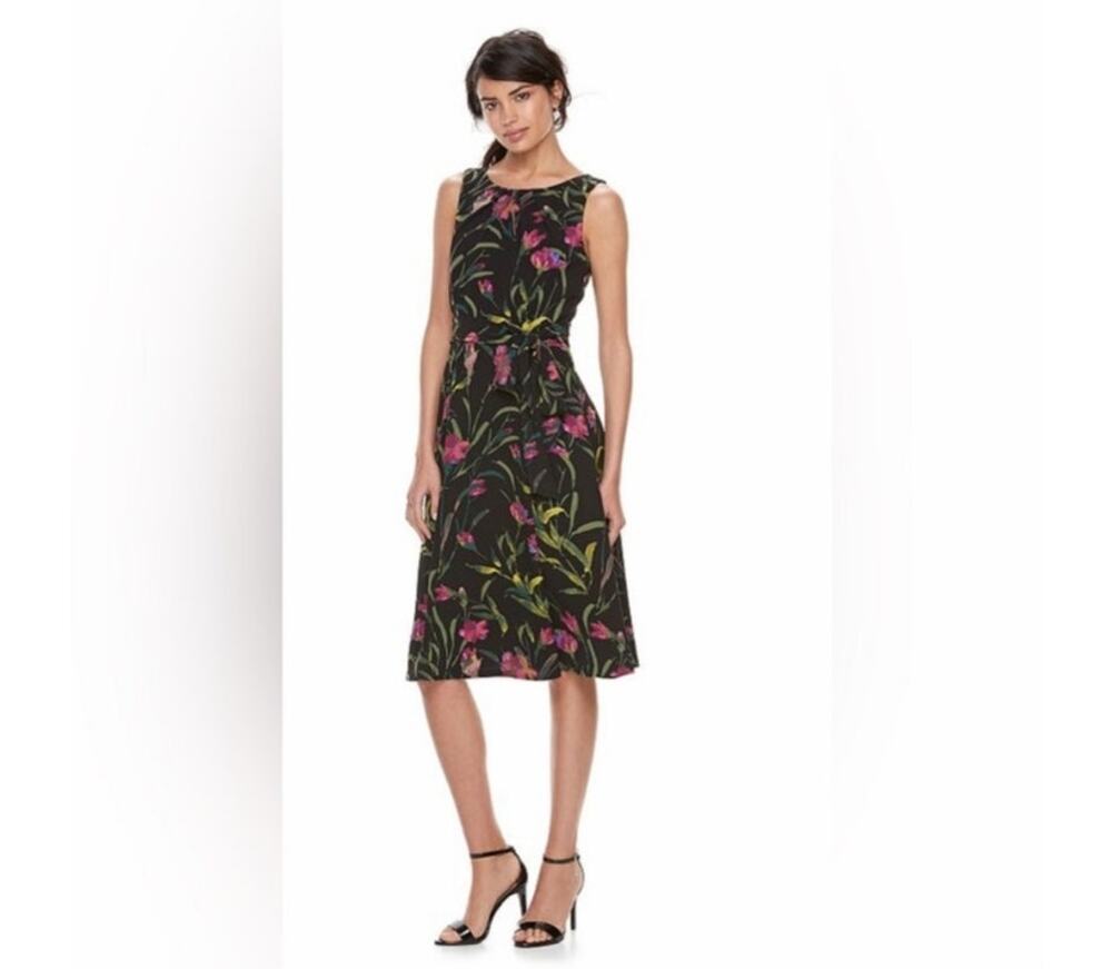 Elle Black Floral Midi Dress 4 Fit Flare Sleeveless Cottagecore
